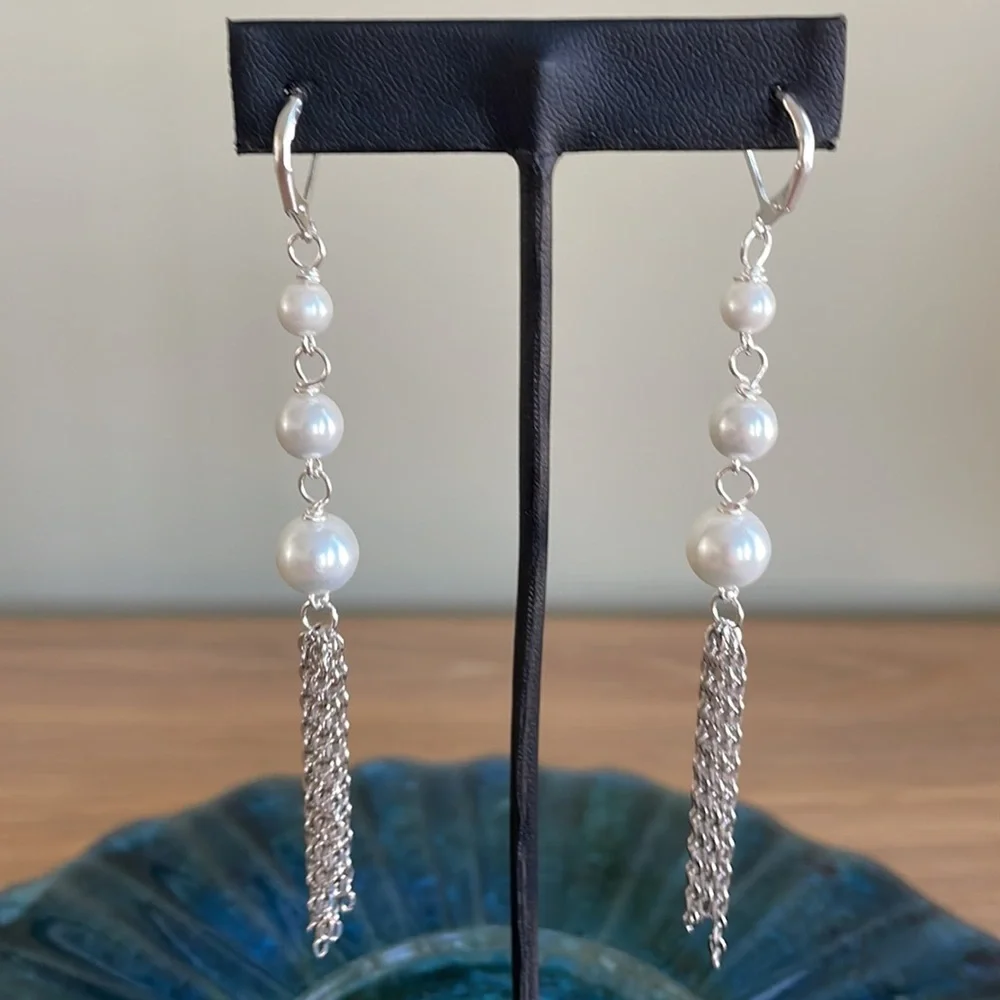 HAND CRAFTED EARRINGS Graduated White Glass Pearl Ball Drop Silver Chain Tassels